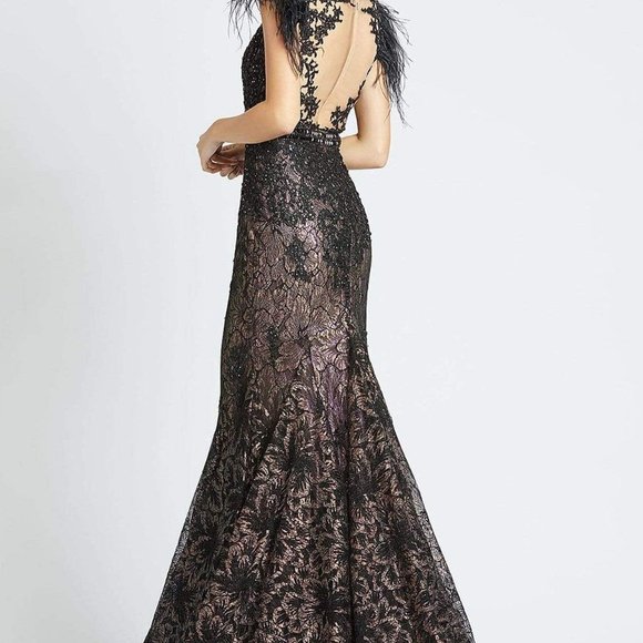 Mac Duggal embellished feather cap sleeve illusion neck trumpet gown. NEW - Picture 3 of 11